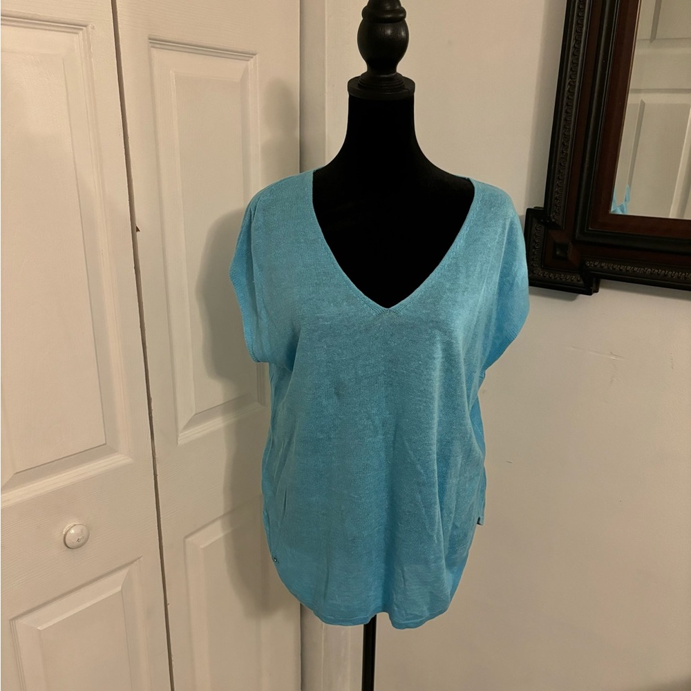 Lilly Pulitzer Short Dolman Sleeve 100% Linen V-Neck Tee Size XXS/XS Aqua/Blue